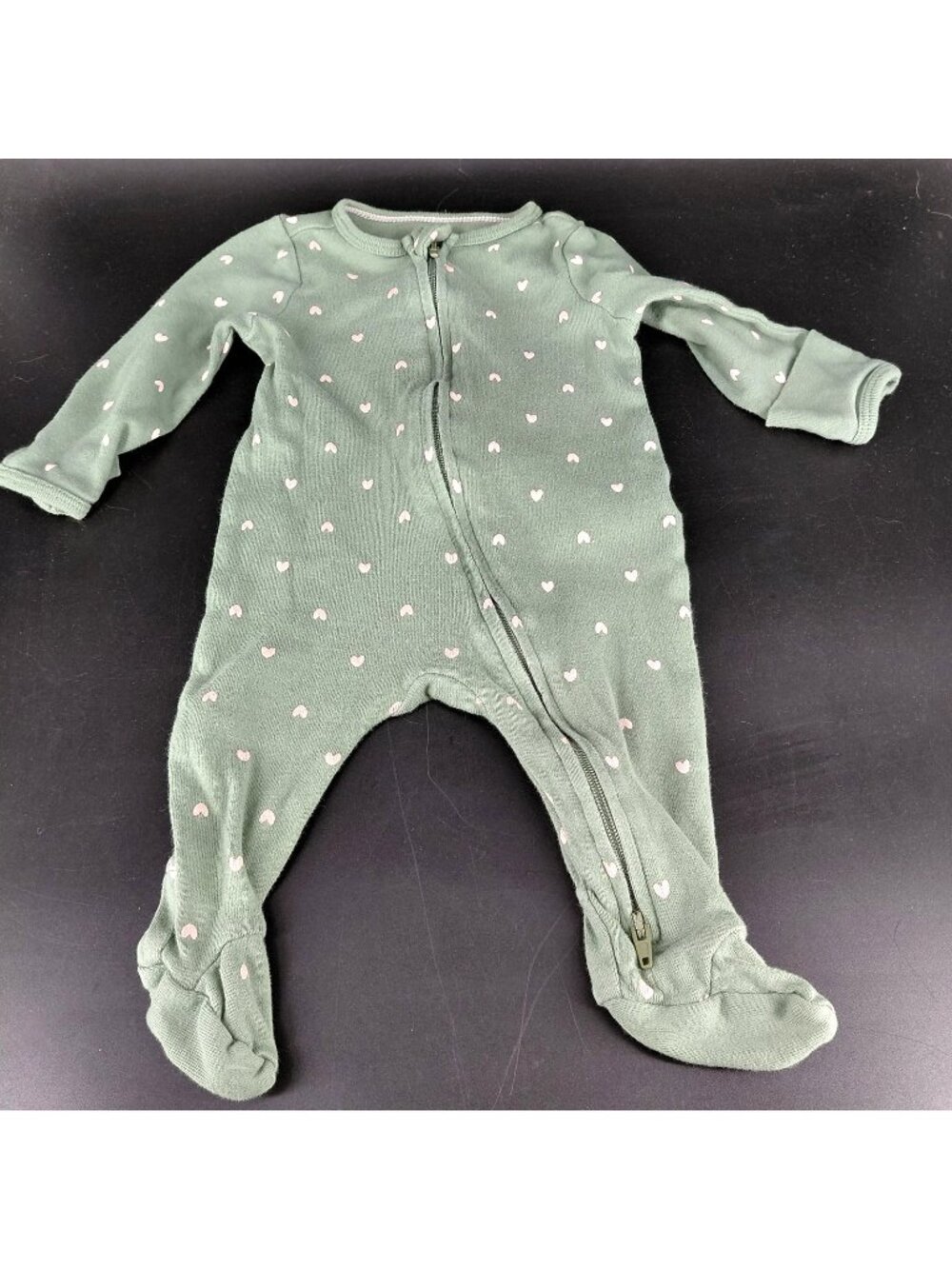 One Piece Pajamas Girls 0-3M Green Heart Knit Zip Foot Sleeper Fold Over Mittens